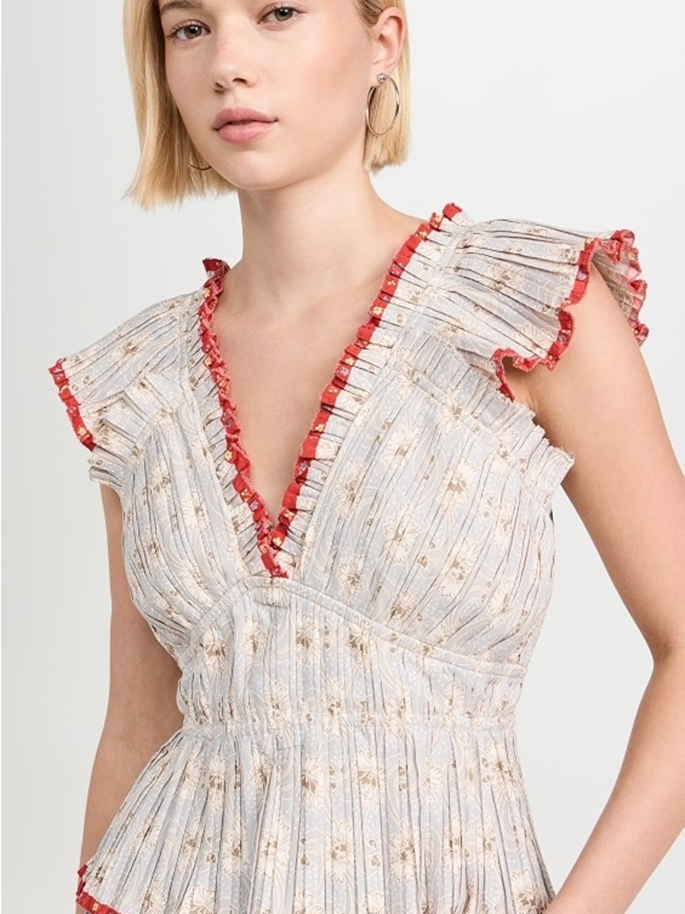 NWOT SEA NY Light Blue Floral Ruffle V-Neck Dress with Red Trim - xs